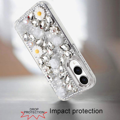 For Samsung Galaxy S25 Edge Fashion Daisy Floral Series, Full 3D Bling Crystal Diamonds Sparkling Rhinestone Glitter Hybrid Design Case Cover