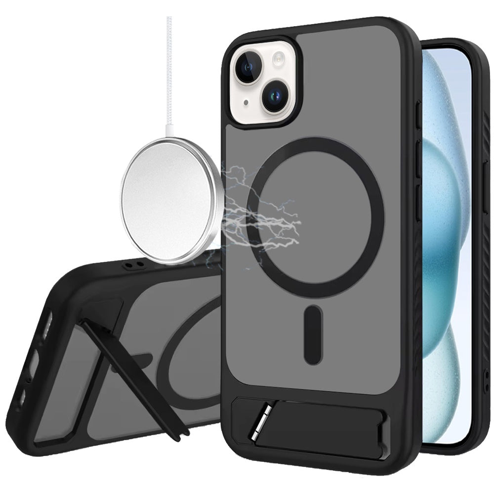 Phone Case for iPhone 15 Plus Matte Magnetic Metal Kickstand Shockproof Grip Anti Slip Durable Protective Heavy Duty Hybrid Cover