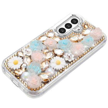 For Samsung Galaxy A16 5G Fashion Daisy Floral Series, Full 3D Bling Crystal Diamonds Sparkling Rhinestone Glitter Hybrid Design Case Cover Gold