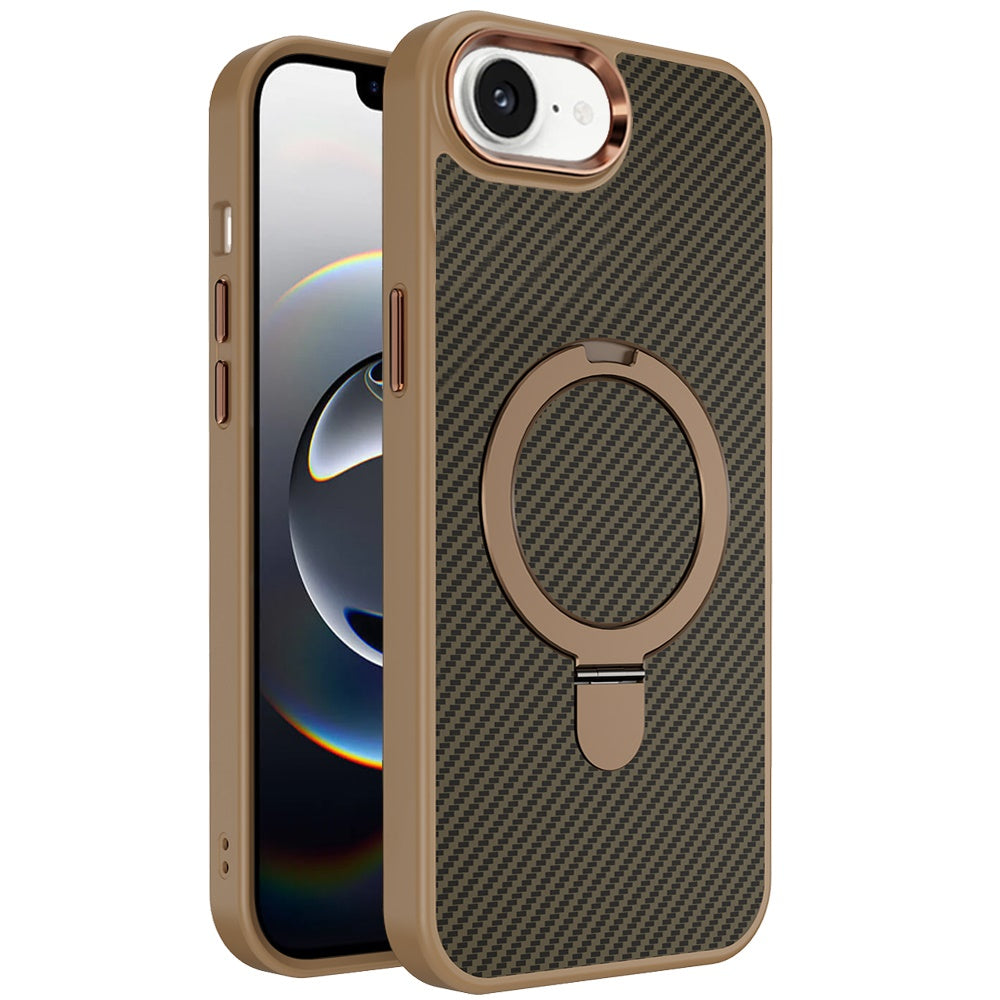 For Apple iPhone 16e (E edition) Hybrid Carbon Fiber Design with MagSafe Compatible [Magnetic Circle], Ring Stand Shockproof Slim TPU Case Cover