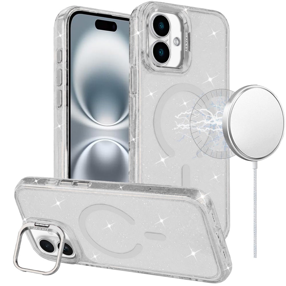 Phone Case for Apple iPhone 16 Bling Sparkle Glitter Design Magnetic back Hybrid with Metal Camera Stand, Decorative Glitter Design TPU Protective Cover Clear