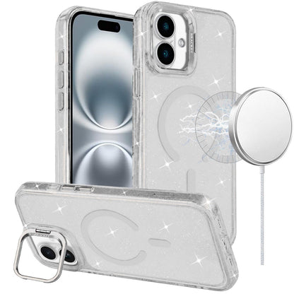 Phone Case for Apple iPhone 16 Bling Sparkle Glitter Design Magnetic back Hybrid with Metal Camera Stand, Decorative Glitter Design TPU Protective Cover Clear
