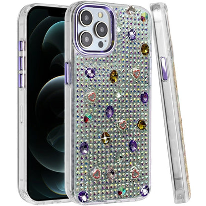 Phone Case for Apple iPhone 12 Pro Max Chrome Fashion Hybrid Bling Diamond Heart Rhinestone Decorative Stones Sparkling Embellished Design Cover