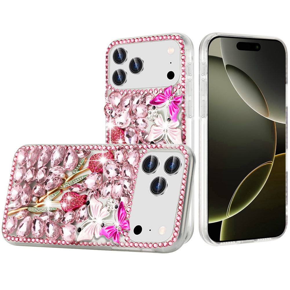 Phone Case for Apple iPhone 17 Pro Max (6.9") Luxury Full Diamond Glitter 3D Floral Ornament Hybrid Shockproof Stylish Rhinestone Designer Protective Elegant Cover Pink Exquisite Garden