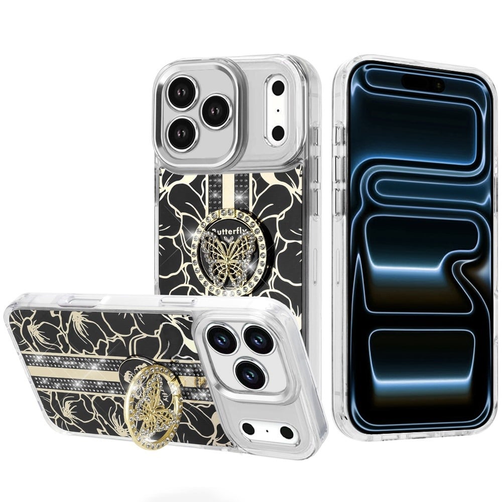 Phone Case for Apple iPhone 18 Pro Max Floral Butterfly Ring Stand Glitter Bling Shockproof Hybrid Luxury Fashion Protective Anti Slip Durable Grip Cover