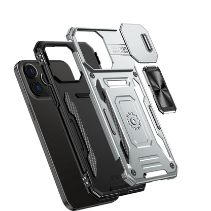 Phone Case for Apple iPhone 15 Tough Metal Ring Shockproof Sliding Camera Window Hybrid Armor Rugged Anti Slip Heavy Duty Grip Cover Gray