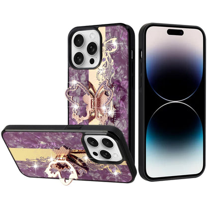 Phone Case for Apple iPhone 14 Pro Max Diamond Glitter Butterfly Engraved Ring Stand Luxury Bling Hybrid Shockproof Chrome Edge Protective Durable Grip Cover Purple