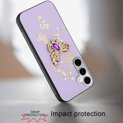 For Samsung Galaxy A36 Diamonds 3D Butterfly Bling Sparkly Glitter Ornaments Engraving Hybrid Metal Fashion Case Cover Purple Garden Butterflies