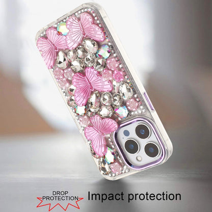 Phone Case for Apple iPhone 14 Pro Max Luxury 3D Floral Butterfly Bling Rhinestone Glitter Shockproof Stylish Protective Hybrid Designer Metallic Cover Purple