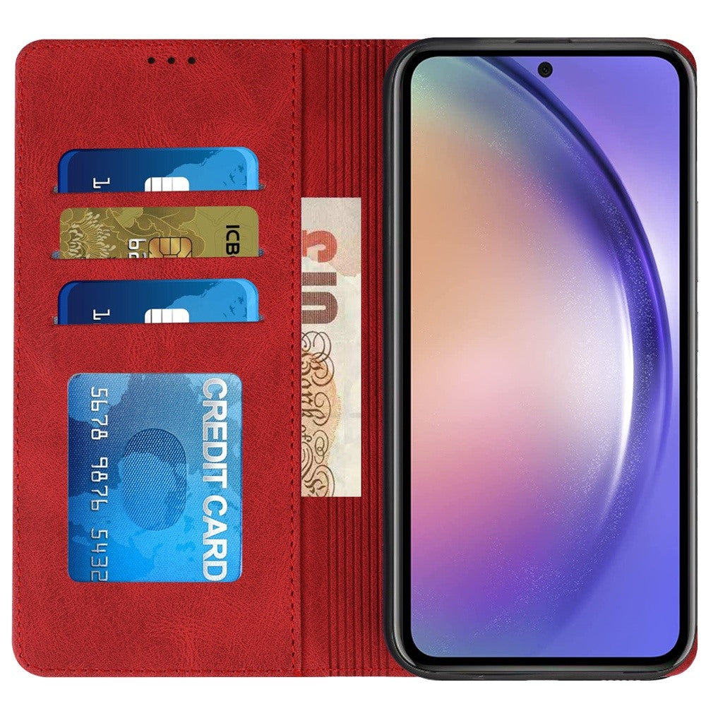 For Apple iPhone 16 (6.1") Premium Wallet PU Vegan Leather ID Credit Card Slot Money Holder with Magnetic Closure Pouch Flip Case Cover Red