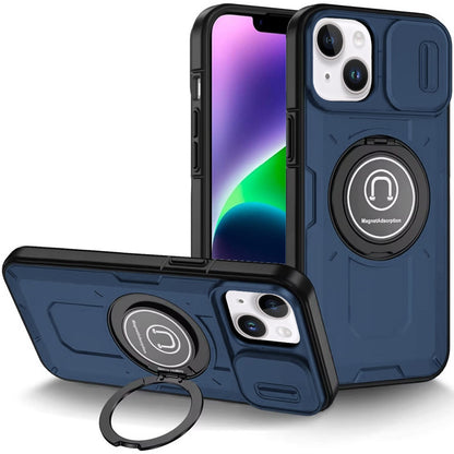 For Apple iPhone 16 (6.1") Build in Invisible Magnetic Ring Stand with Slide Camera Protector, fit Magnetic Car Mount [Compatible with MagSafe] Case Cover