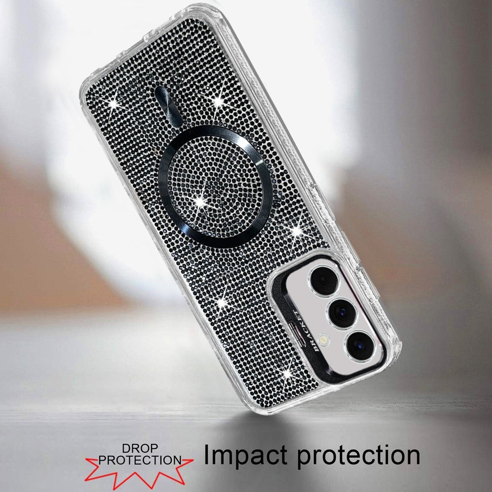 Phone Case for Samsung Galaxy A27 Luxury Glitter Magnetic Hybrid with Camera Stand Dual Layer Shockproof Sparkle Dot Pattern Clear Edges Cover