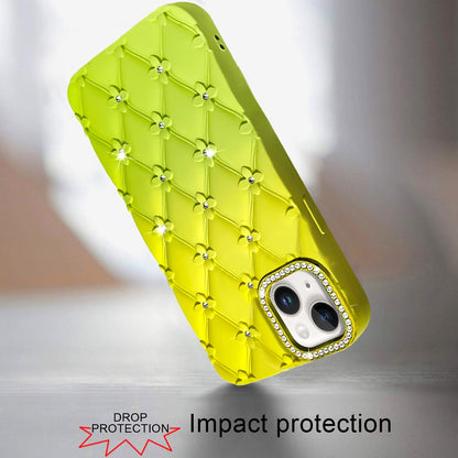For iPhone 15 (6.1") Fashion Flower Design Sparkle Glitter Shimmer Rhinestone Bling Floral Accents, Leather Texture TPU Case Cover Light Green/Teal