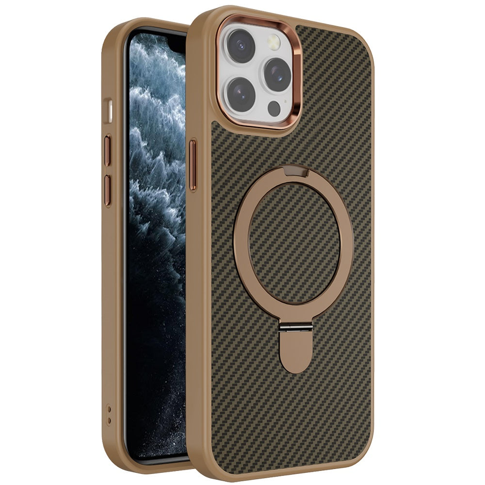 Phone Case for Apple iPhone 11 Pro Max Carbon Fiber Magnetic Ring Stand Hybrid Shockproof AntiSlip Grip Kickstand Military Drop Protection Matte Finish Cover Brown