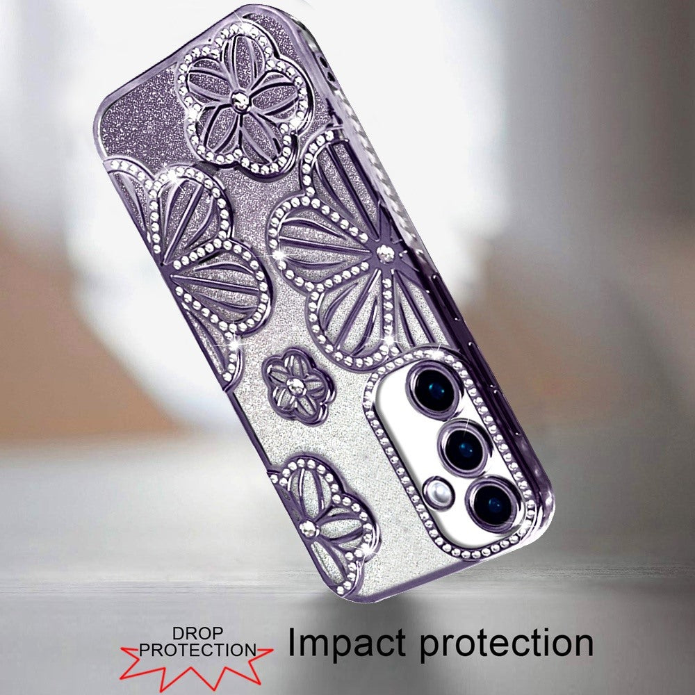 Phone Case for Samsung Galaxy A16 5G Shimmer Glitter Floral Thick TPU Shockproof Durable Grip Camera Protection Anti-Scratch Stylish Design Cover Purple