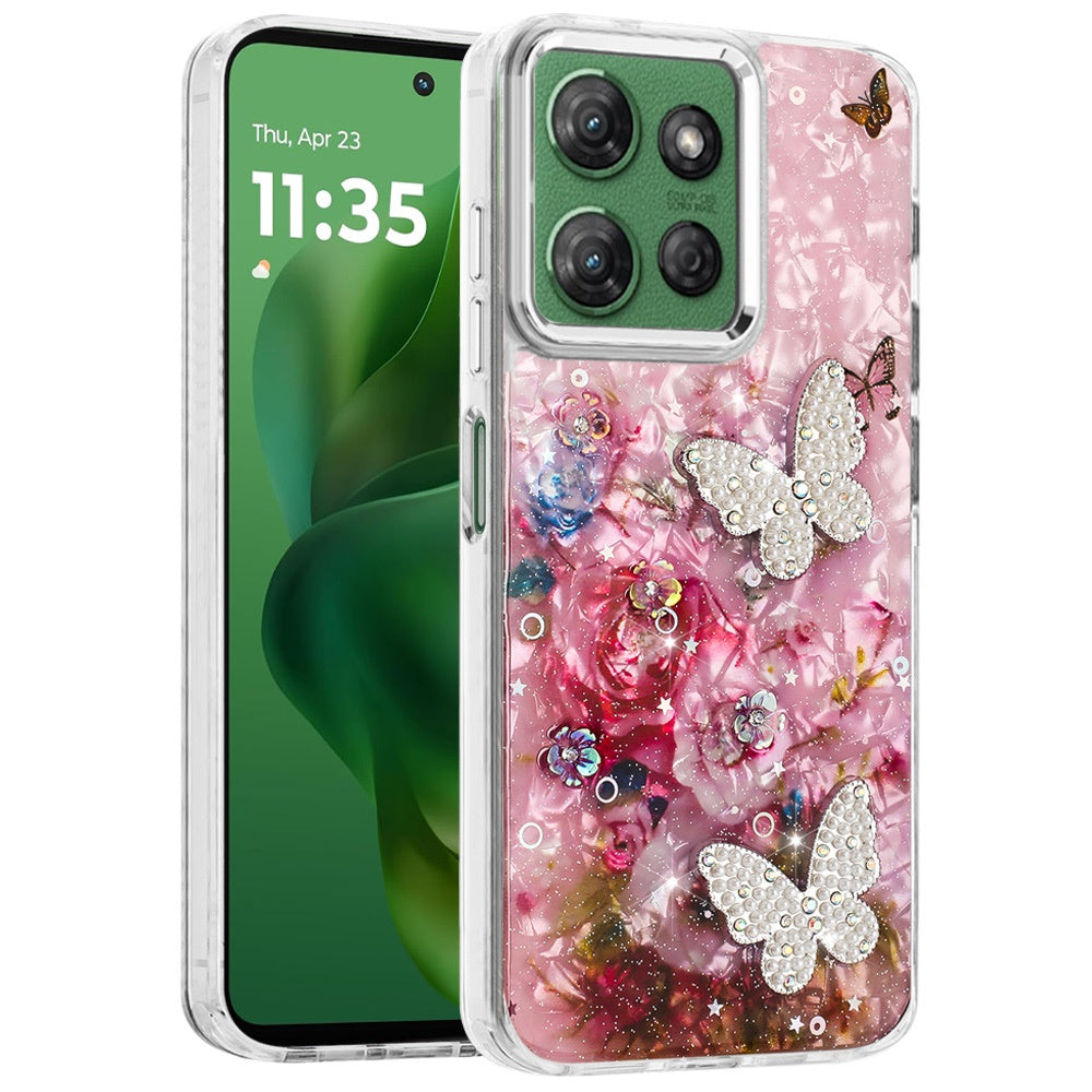 For Motorola Moto G Power 5G 2025 Epoxy Glitter Flowers Bling 3D Butterfly Fashion TPU Hybrid with Shockproof Protection Case Cover