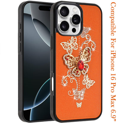 For iPhone 16 Pro Max (6.9") Diamonds 3D Fashion Bling Sparkly Glitter Ornaments Engraving Hybrid with Ring Stand Case Cover