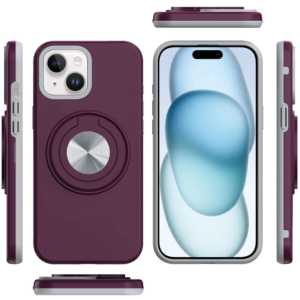 Phone Case for iPhone 15 Plus (6.7") Shockproof Magnetic Ring Stand Rotating CarMount Hybrid Metal Matte Finish AntiSlip Grip Kickstand Cover Red