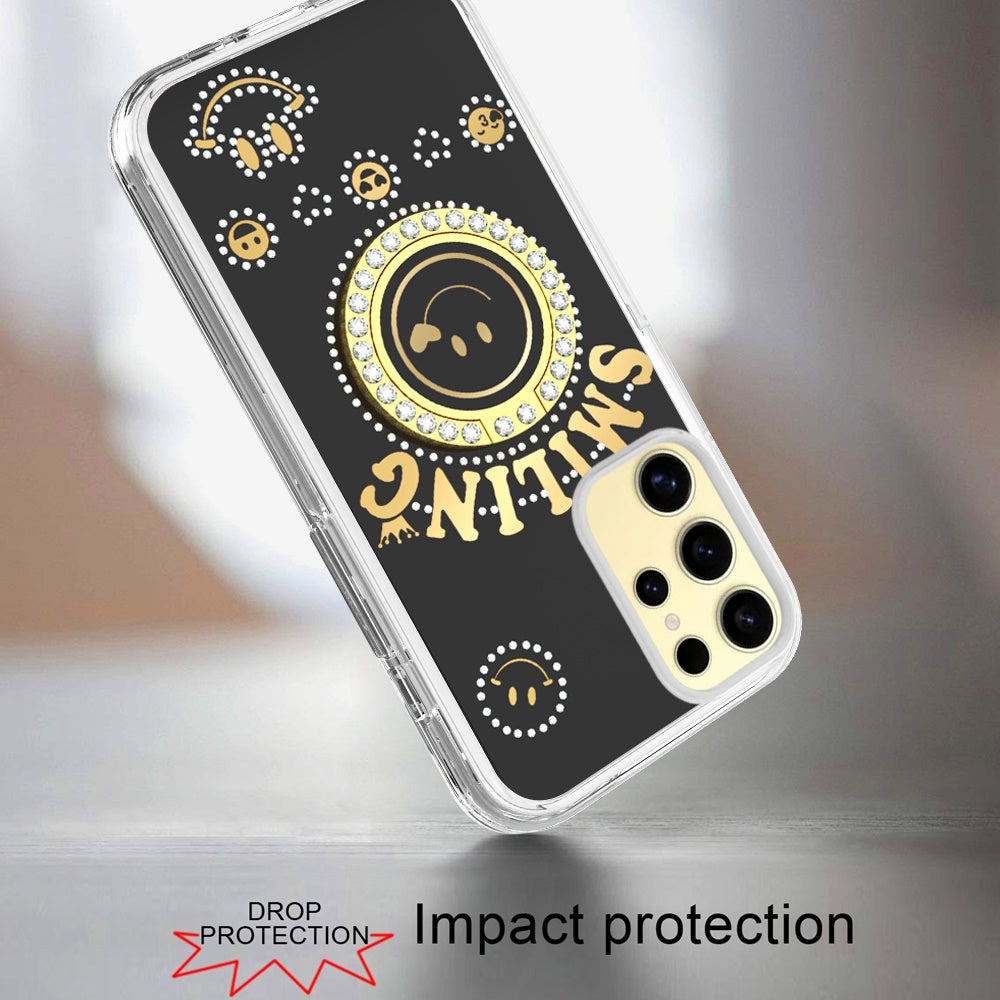 For Samsung Galaxy S25 /S24 Smiling Glitter Ornament Bling Sparkle with Ring Stand Hybrid Slim TPU + Hard Back Shell Case Cover