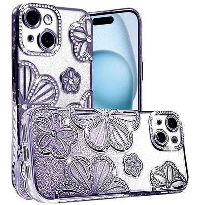 For Apple iPhone 15 Luxury Flower Design Sparkle Glitter Diamond Rhinestone Shimmer Bling Plating Thick TPU Hard PC Case Cover