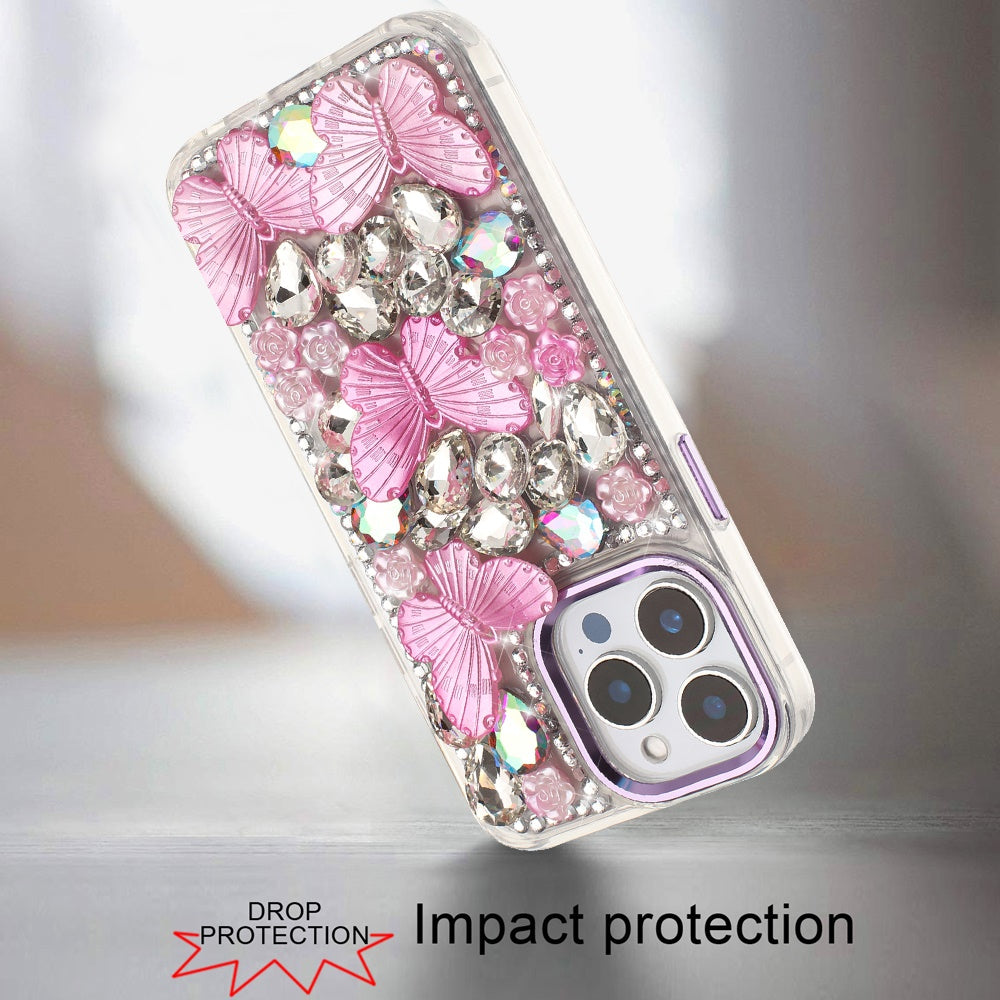 For Samsung Galaxy S26+ / S26 Plus 3D Diamond Floral Butterfly Bling Stone Hybrid, Sparkly Rhinestone Gemstone Back Shockproof Case Cover Purple