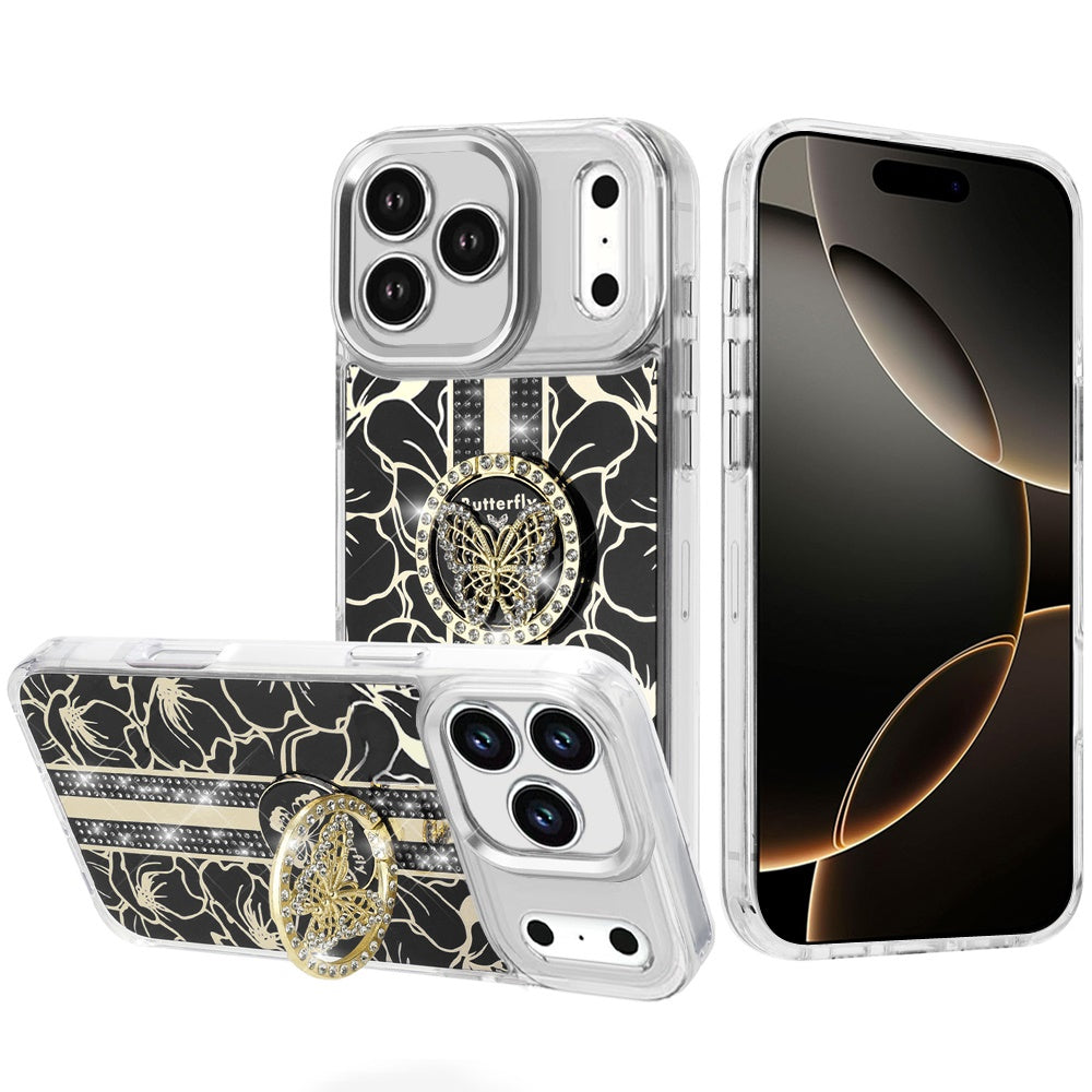 For Apple iPhone 17 Pro Max (6.9") Diamonds 3D Butterfly Floral Design Bling Sparkly Glitter Hybrid Metal Fashion with Ring Stand Case Cover