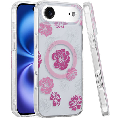 For Apple iPhone 17 Pro Stylish Pattern Fashion IMD Printed Design TPU Double Layer Slim Shockproof with Magnetic Back Case Cover Hot Pink Flower