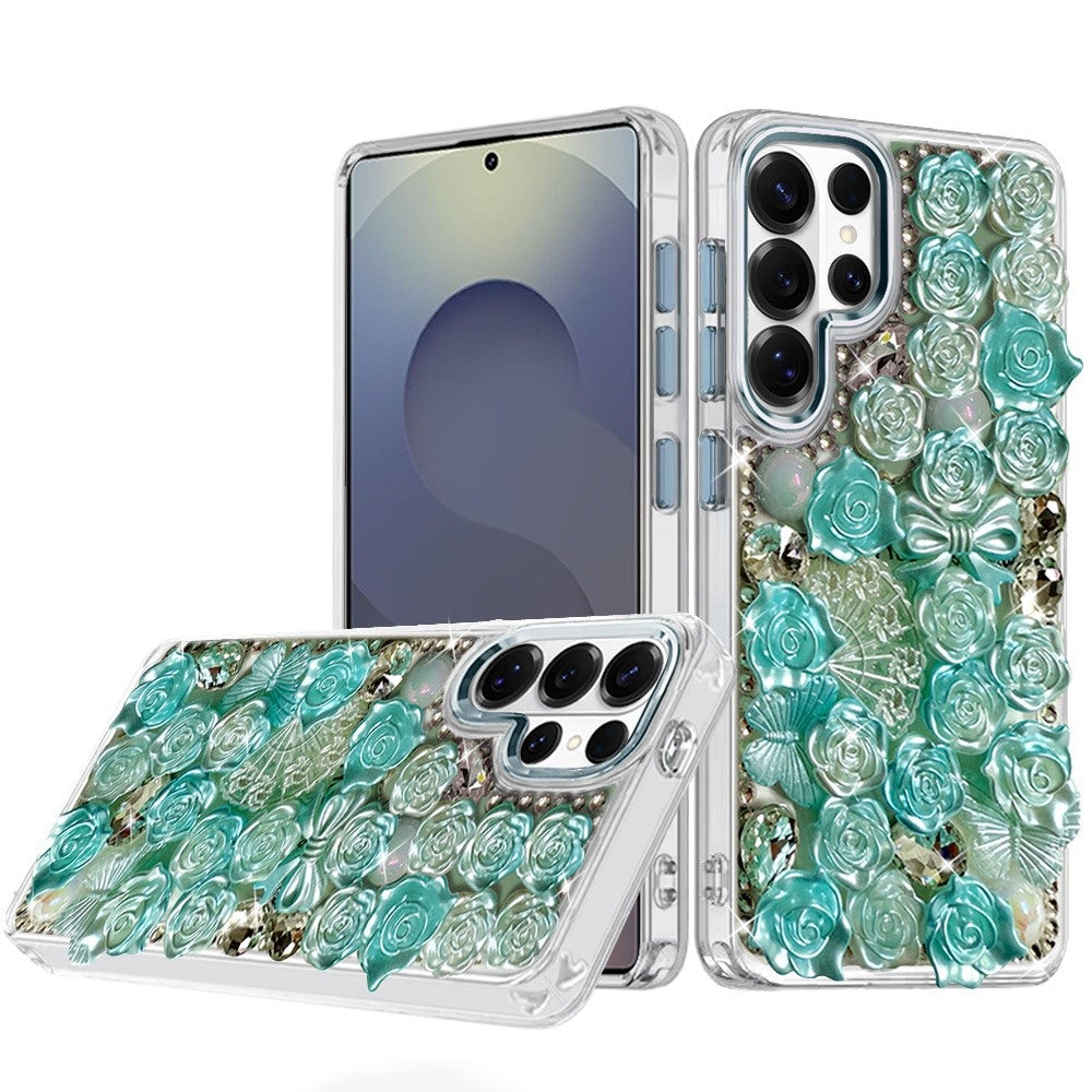 For Samsung Galaxy S25 Ultra Muti-Color Floral Fashion Bling Crystal 3D Full Diamonds Stones Sparkle Rhinestone Glitter Hybrid Case Cover