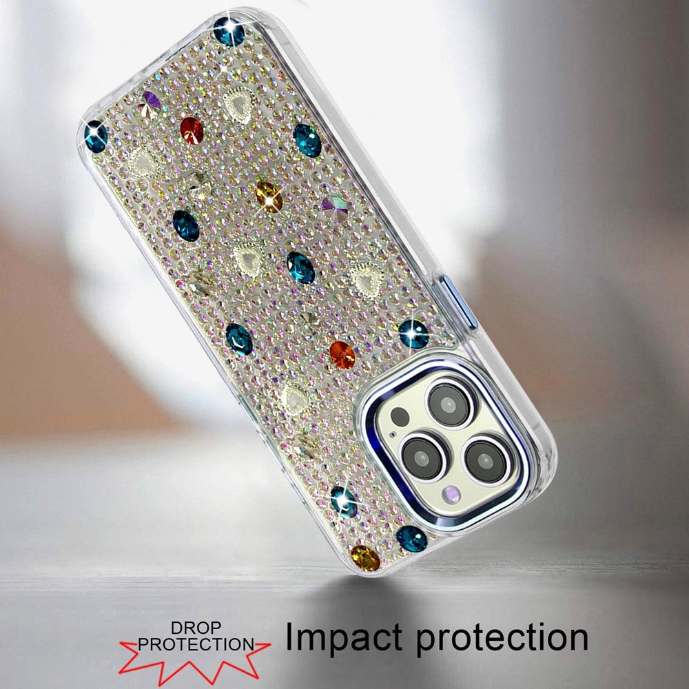 Phone Case for Apple iPhone 15 Pro Max Chrome Fashion Hybrid Bling Diamond Heart Rhinestone Decorative Stones Sparkling Embellished Design Cover