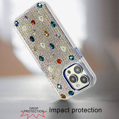Phone Case for Apple iPhone 15 Pro Max Chrome Fashion Hybrid Bling Diamond Heart Rhinestone Decorative Stones Sparkling Embellished Design Cover