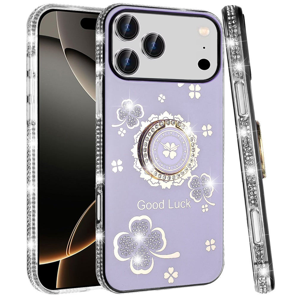 For Apple iPhone 17 Pro (6.3") Diamonds Bling All Around Edges Sparkly Glitter Hybrid with Ring Stand Holder Fashion Good Luck Case Cover