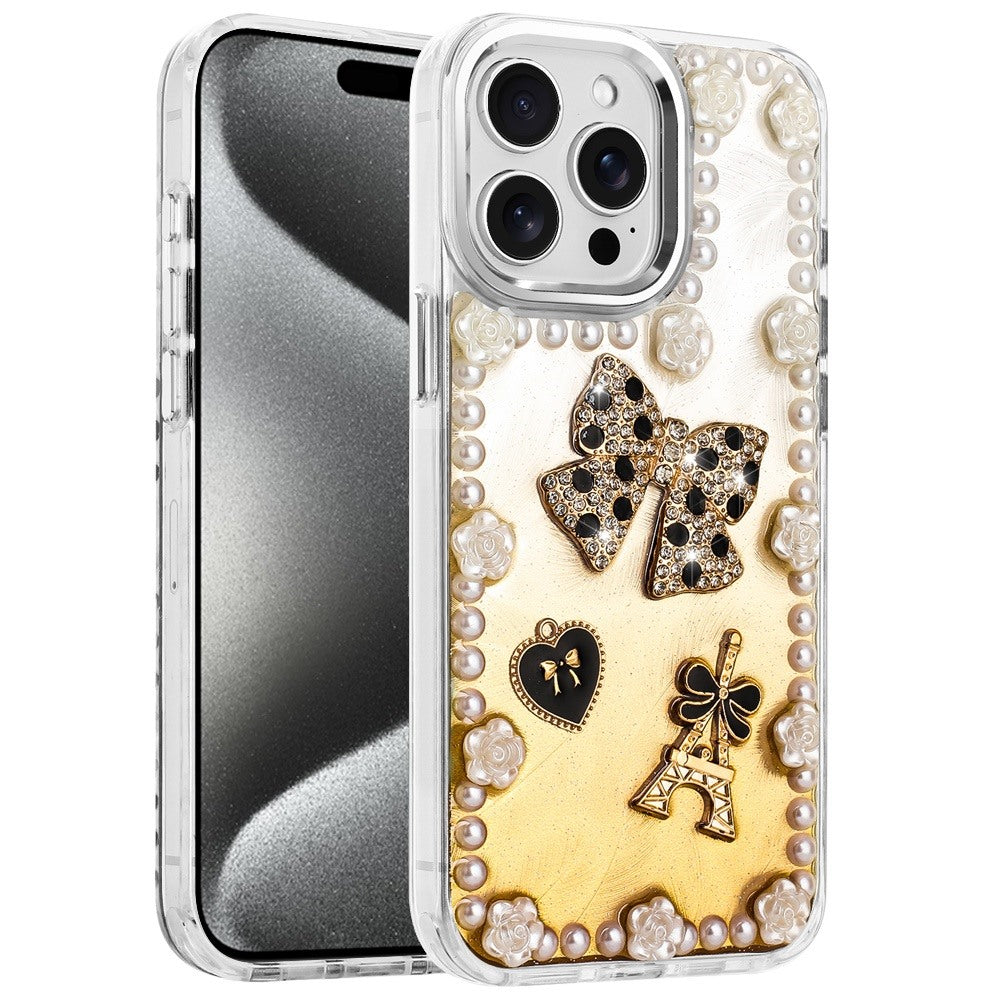 For Apple iPhone 13 Pro Max Bling Fashion Design with 3D Pearls Epoxy Glitter Ornaments Chrome Edge Hard Slim PC Case Cover