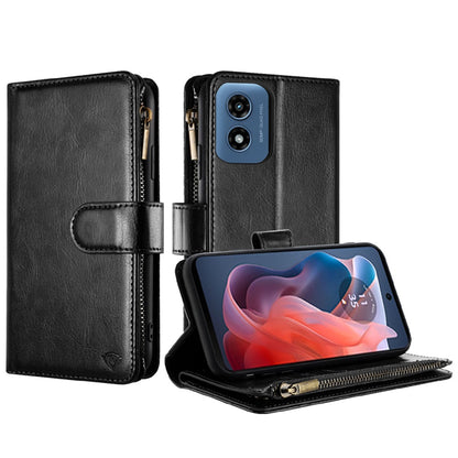 For Apple iPhone 16 Pro Max (6.9") Premium Leather Zipper Wallet with Credit Card Slots Money Pocket Luxury Clutch Pouch Stand & Strap Case Cover Black