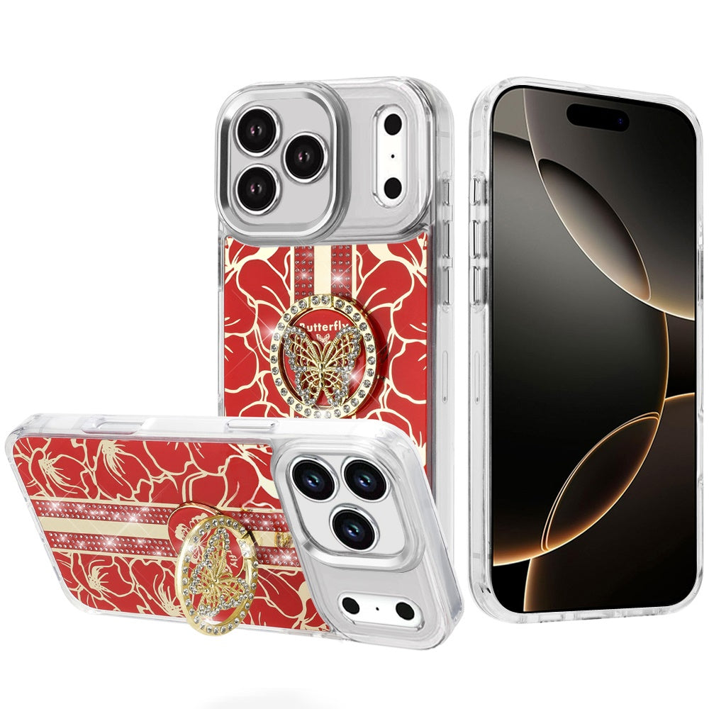 For Apple iPhone 17 Pro (6.3") Diamonds 3D Butterfly Floral Design Bling Sparkly Glitter Hybrid Metal Fashion with Ring Stand Case Cover