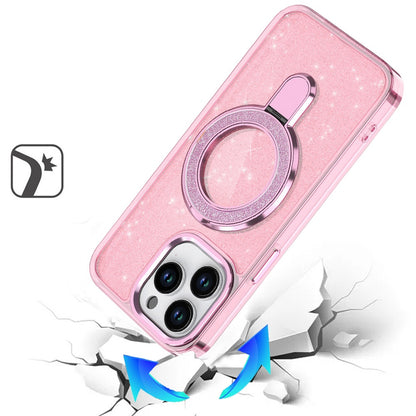 For Apple iPhone 14 Pro Max Transparent Glitter Bling Case with Rotating Magnetic Ring Stand, Shockproof Hybrid Case Cover