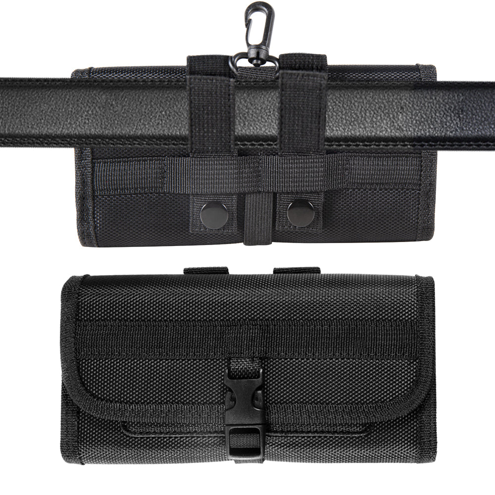 For Apple iPhone 16 Pro (6.3") Universal Pouch Case Horizontal Phone Holster Nylon Cover with Front Buckle, Belt Clip Loop & Hook Carabiner Large [Black]