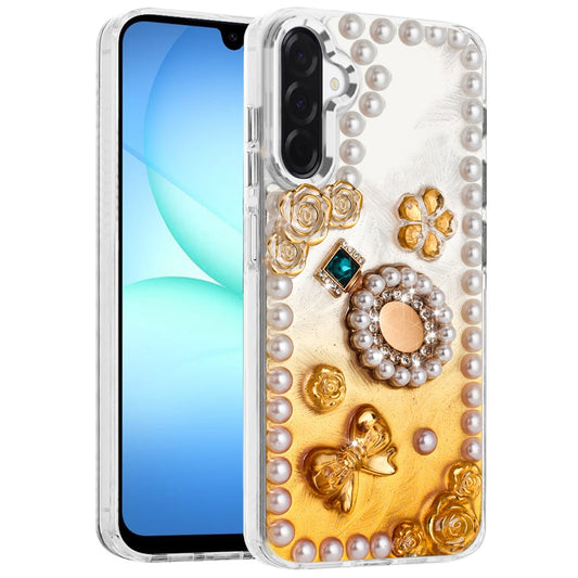 For Samsung Galaxy A17 5G Bling Fashion Design with 3D Pearls Epoxy Glitter Ornaments Chrome Edge Hard Slim PC Case Cover Fashion Yellow