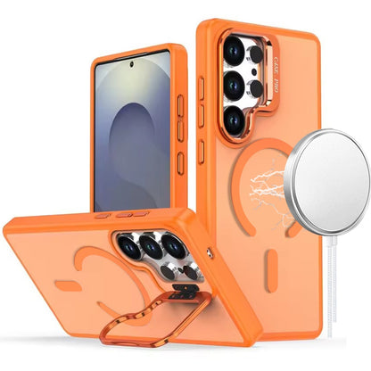 For Samsung Galaxy S25 Ultra MagSafe Compatible Matte Metallic Stand TPU Hybrid Drop Protection Camera Kickstand Case Cover Cosmic Orange