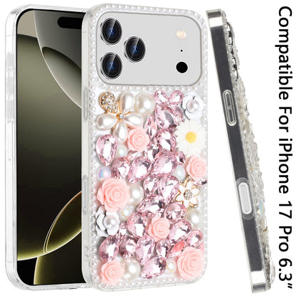 Phone Case for Apple iPhone 17 Pro Rose Flower Full Diamond Bling Rhinestone Glitter Luxury Stylish Sparkle Protective Designer Hybrid Cover