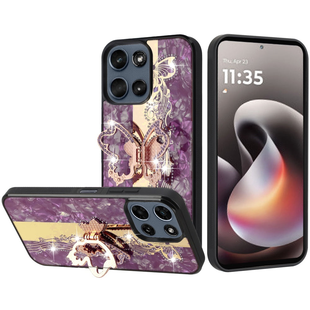 Phone Case for Moto G Stylus 5G 2026, Moto G Stylus 5G 2025 Diamond 3D Fashion Floral Glitter Engraved Luxury Bling Hybrid Shockproof Chrome Edge Protective Grip Cover Purple