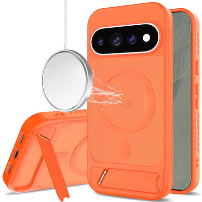Phone Case for Google Pixel 11 Pro XL Matte Magnetic Metal Kickstand Shockproof Grip Anti Slip Durable Protective Heavy Duty Hybrid Cover Orange