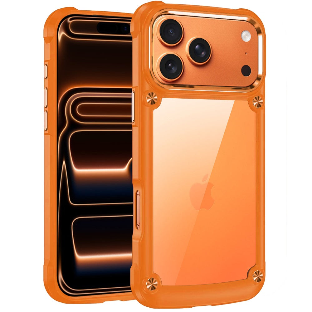 Phone Case for Apple iPhone 17 Pro Max (6.9") Transparent Hybrid Metal Button Camera Edge Shockproof Bumper Frame TPU Protective Slim Grip Durable Cover Cosmic Orange
