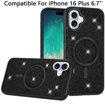 Phone Case for Apple iPhone 16 Plus Magnetic Bling Diamond Sparkle Hybrid Shockproof Rugged Grip Durable Protection Anti-Slip Armor Design Cover