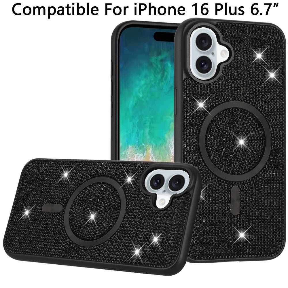 Phone Case for Apple iPhone 16 Plus Magnetic Bling Diamond Sparkle Hybrid Shockproof Rugged Grip Durable Protection Anti-Slip Armor Design Cover