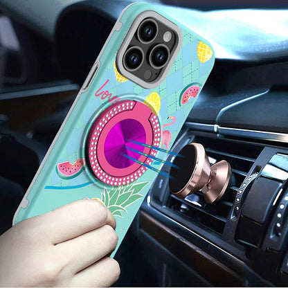 For Apple iPhone 15 Pro Max Pattern Design Hybrid with Invisible Ring Stand & Magnetic Back, Shockproof Protective Grip Case Cover