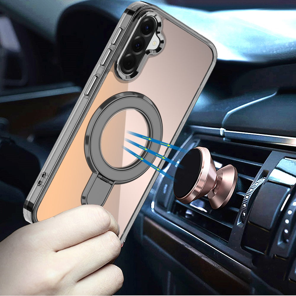 For Samsung Galaxy A37 Chrome Hybrid with Rotating Magnetic Circle Ring Stand, Slim Shockproof Hybrid Case Cover