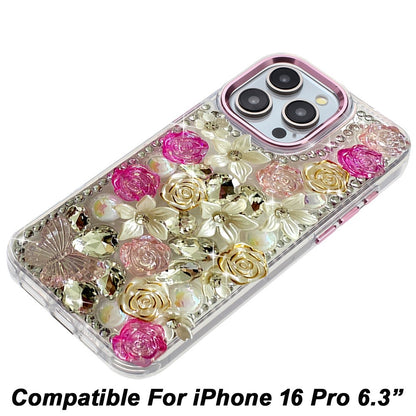 Phone Case for Apple iPhone 16 Pro Luxury Rose Bling Rhinestone Glitter Floral Hybrid Shockproof Stylish Protective Designer Ornament Sparkle Cover Pink