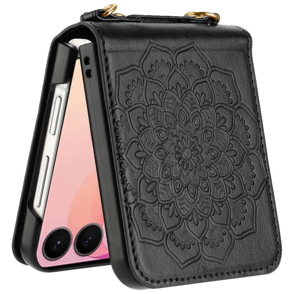 Phone Case for Samsung Galaxy Z Flip 8 PU Leather Embossed Floral Textured with Strap Protective Reinforced Edge Mandala Design Cover