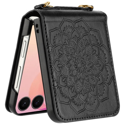 Phone Case for Samsung Galaxy Z Flip 8 PU Leather Embossed Floral Textured with Strap Protective Reinforced Edge Mandala Design Cover
