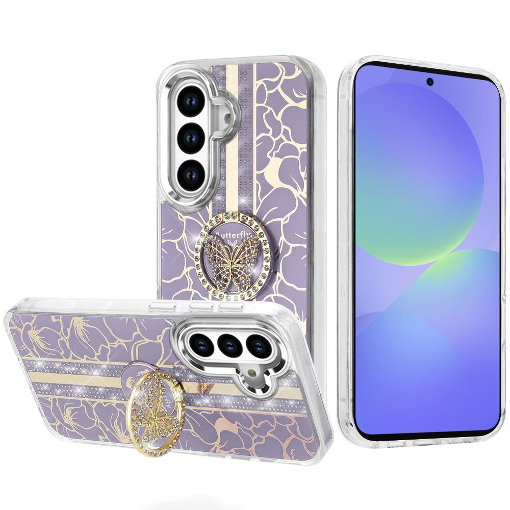 For Samsung Galaxy A36 Diamonds 3D Butterfly Floral Design Bling Sparkly Glitter Hybrid Metal Fashion with Ring Stand Case Cover